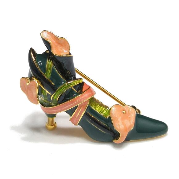 Vintage Kenneth Jay Lane Enamel High Heel Shoe Brooch, Green & Pink Lily Design - Picture 2 of 10